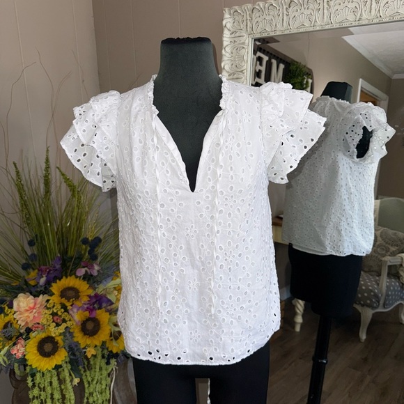 1.State • Eyelet Cotton Flutter Sleeve Top - Picture 6 of 12